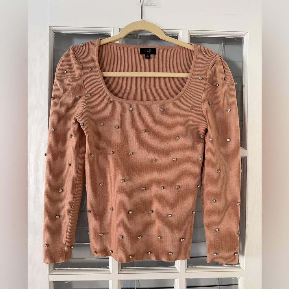 On Twelfth Women’s L Blush Beige / Taupe Rhinestone Ribbed Sweater | SKU 0163